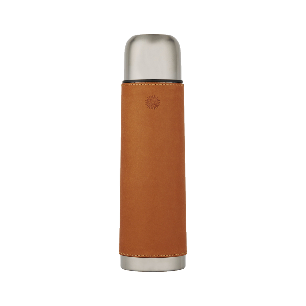 Purdey steel flask wrapped in tan leather.