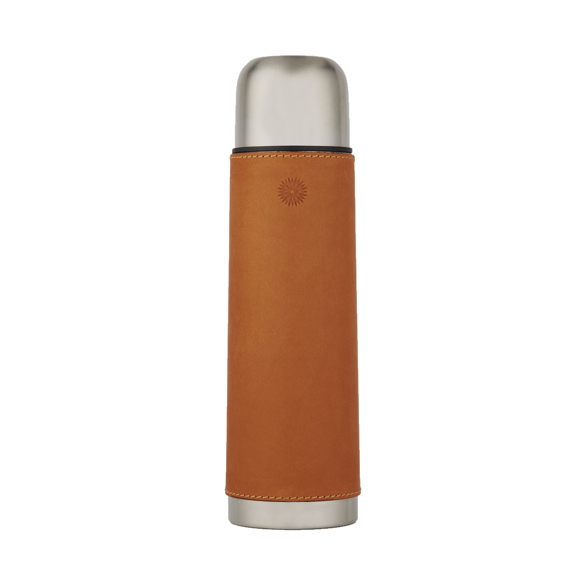 Purdey steel flask wrapped in tan leather, with its cup-cap fitted.