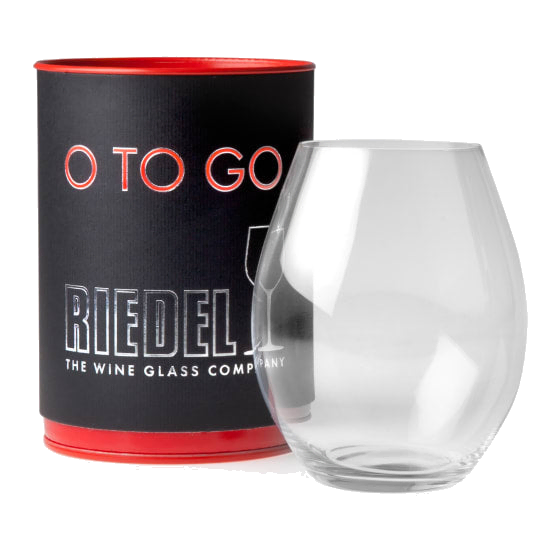 Clear Riedel O To Go wine glass beside its black and red travel case.