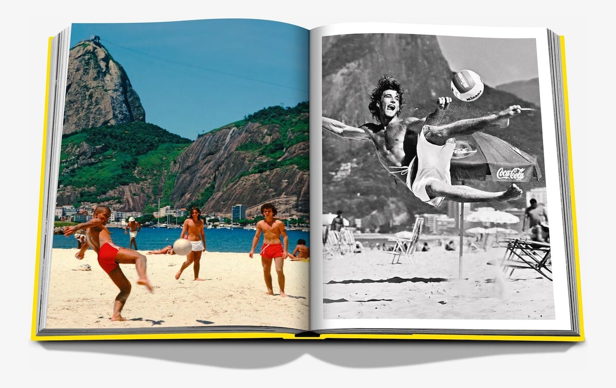 An open spread pairing beach football below Rio’s mountains with a black-and-white photograph of a woman leaping.