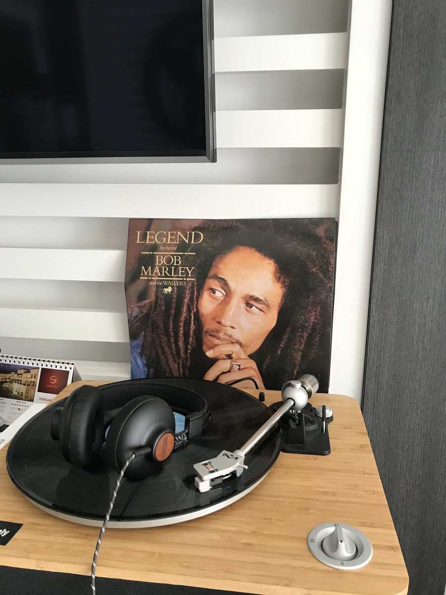 Record player, headphones and Bob Marley’s Legend album in a room at S Hotel Montego Bay.