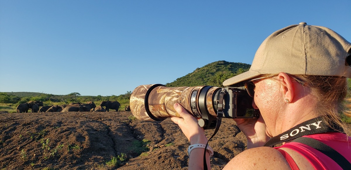 A photographer in a khaki cap aims a large camouflage-covered telephoto lens toward elephants on a South African safari.