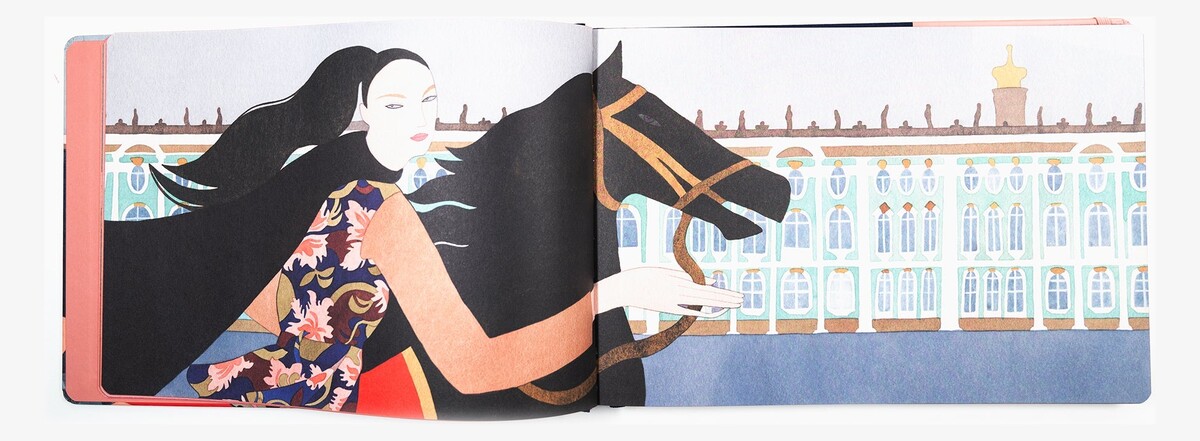 An open spread of Kelly Beeman’s illustrations, showing a woman beside a black horse in front of an ornate turquoise palace.