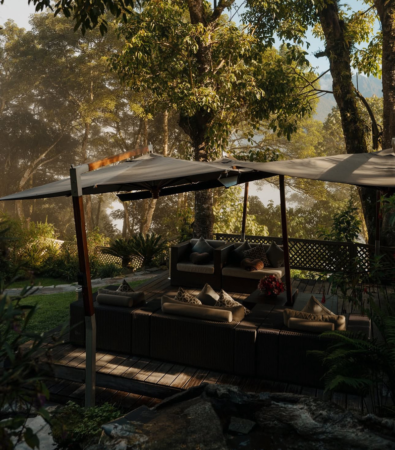 Sunlight filters through trees above parasols and armchairs in the lodge garden.