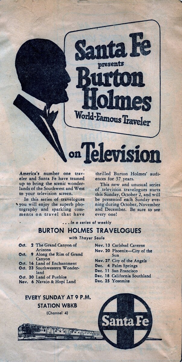 A railway advertisement with a silhouette of Burton Holmes in evening dress and the words Santa Fe presents Burton Holmes, World-Famous Traveler, on Television.