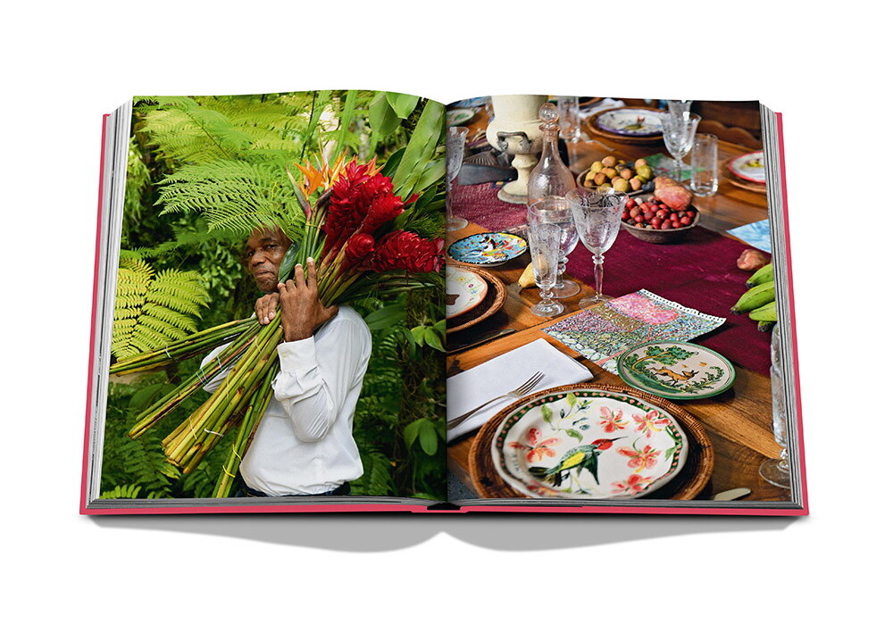 An open spread from Santo Domingo, showing a flower grower carrying tropical blooms and a richly set table.