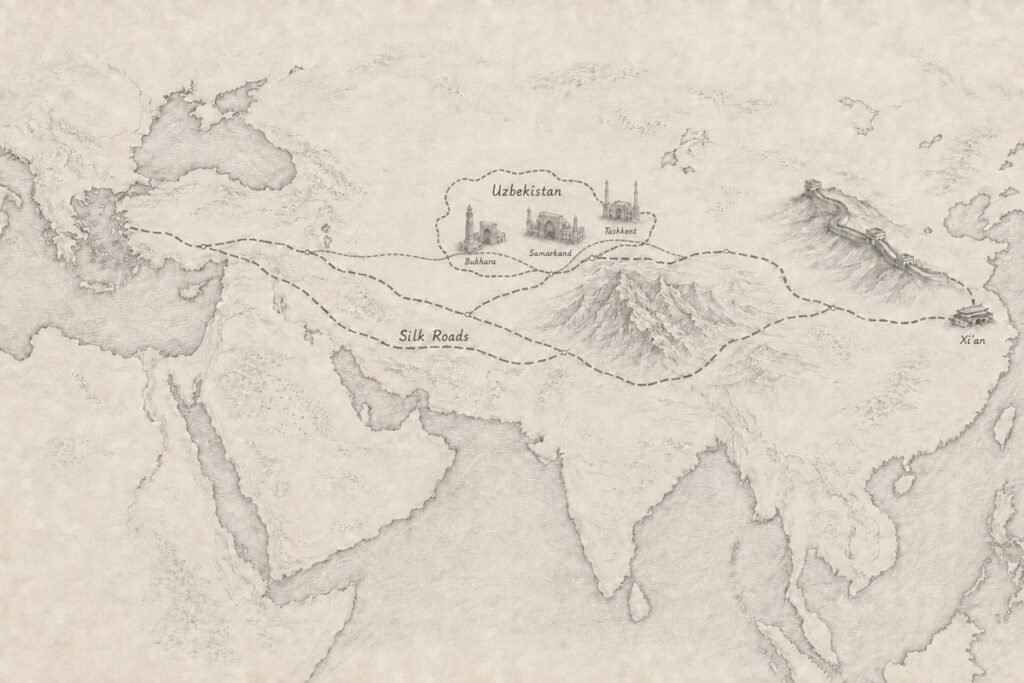 Monochrome pencil map of the Silk Roads across Eurasia, highlighting Uzbekistan and Bukhara, Samarkand and Tashkent, with mountains and the Great Wall of China.