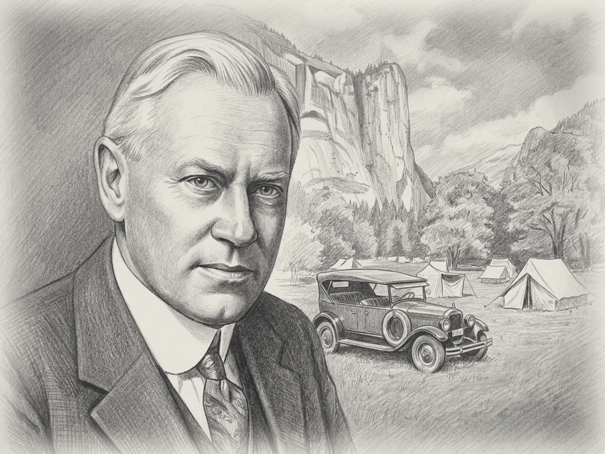 A pencil portrait of Stephen Mather in a dark suit, with a 1920s touring car and tents in a Yosemite meadow beneath a granite cliff behind him.