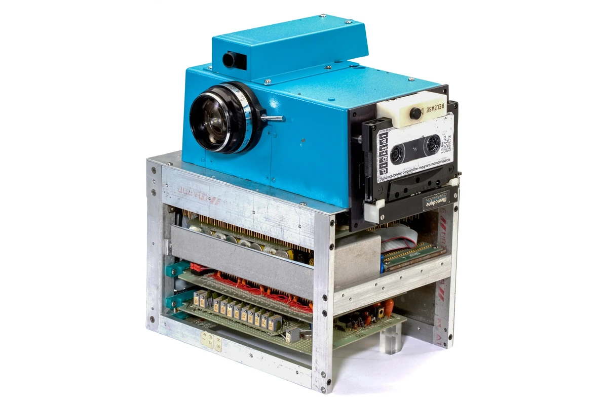 Steven Sasson’s digital camera prototype, with exposed circuit boards, a lens and a cassette recorder.