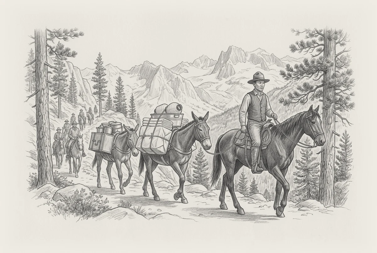 Pencil drawing of a man in a wide-brimmed hat on horseback leading two heavily packed mules along a mountain trail among pines, with riders following and jagged peaks behind.