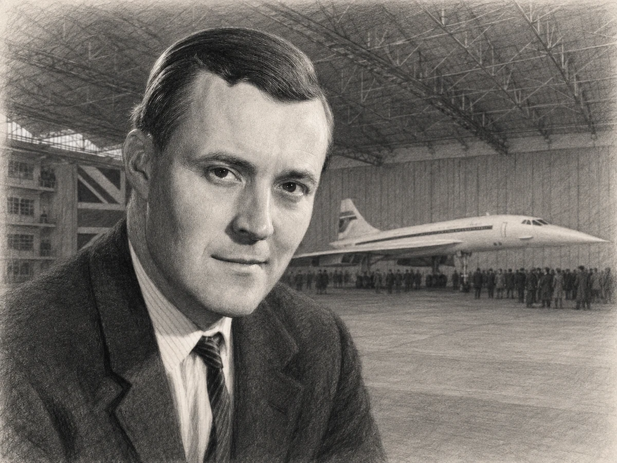 Graphite portrait of Tony Benn looking directly toward the viewer, with Concorde 001 receding through the Toulouse hangar behind his right shoulder.