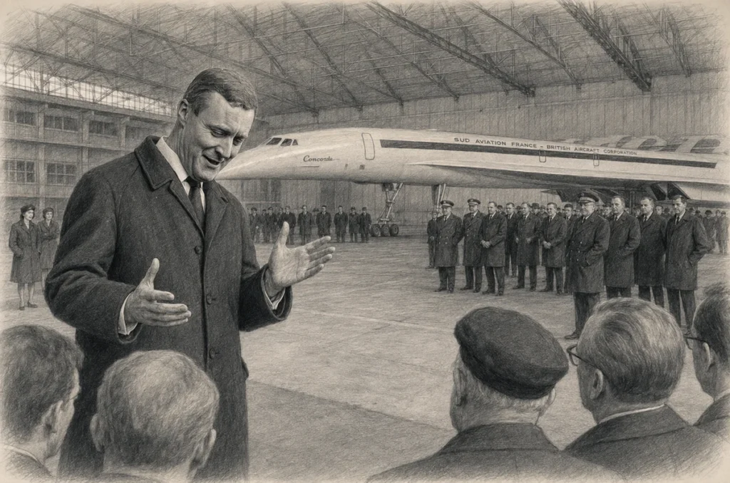 Graphite illustration of Tony Benn addressing a gathering inside the Toulouse hangar with Concorde 001 behind him in December 1967.