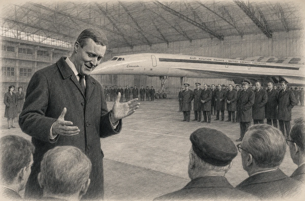 Graphite illustration of Tony Benn addressing a gathering inside the Toulouse hangar with Concorde 001 behind him in December 1967.