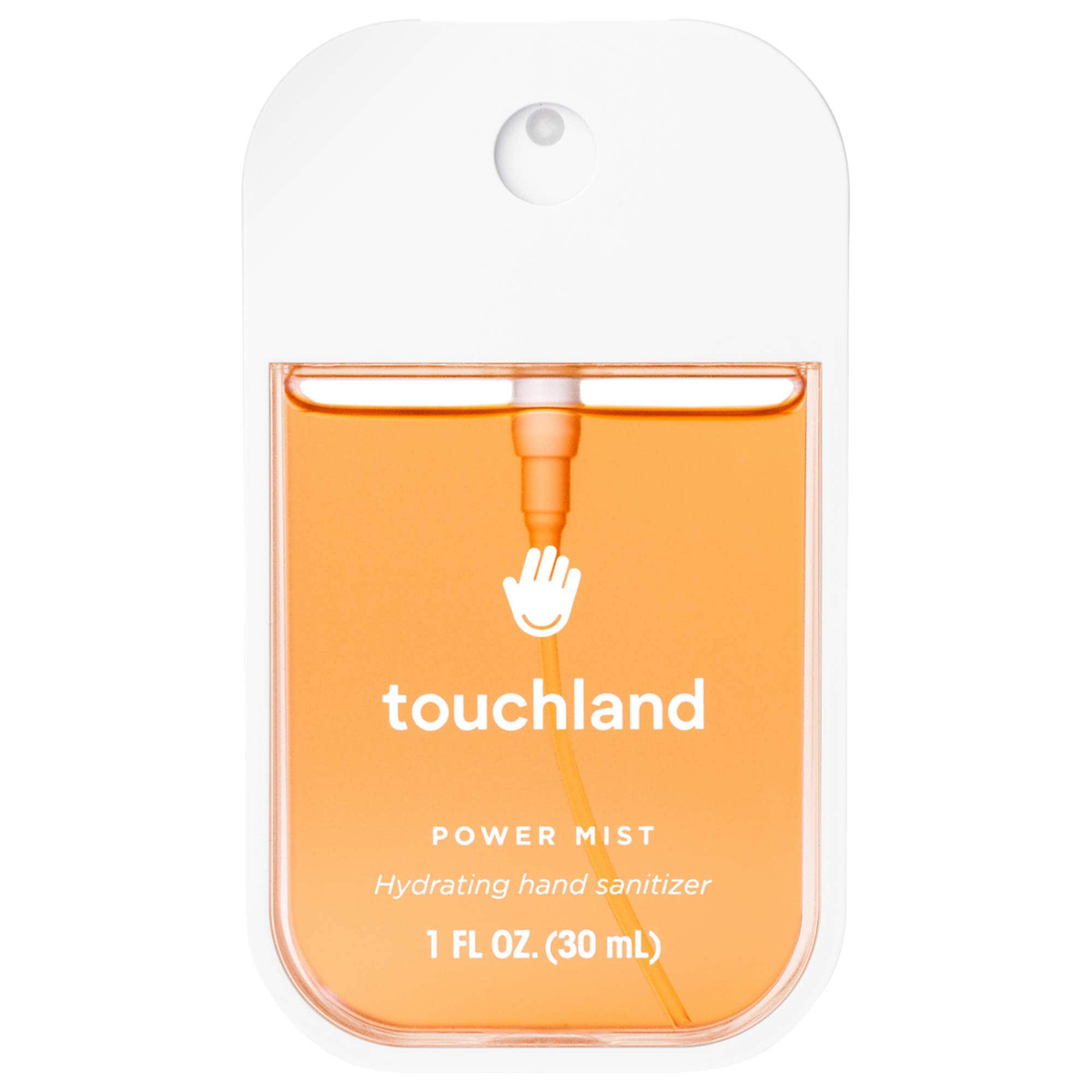 Orange Touchland Power Mist hand sanitizer in a flat white spray bottle.
