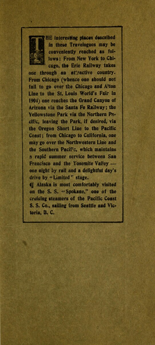 A printed page explaining which railways and steamers reach the places described in the Travelogues.