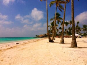 A broad white-sand shore and coconut palms at Juanillo Beach.