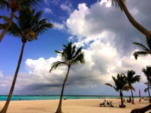 Coconut palms cast shade beside Juanillo’s turquoise water.