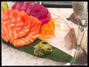 Slices of salmon and tuna with wasabi at Shibuya Ichiban.