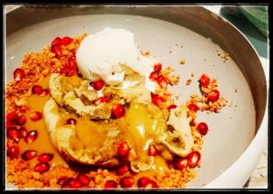 A plated dessert topped with ice cream at Shibuya Ichiban.