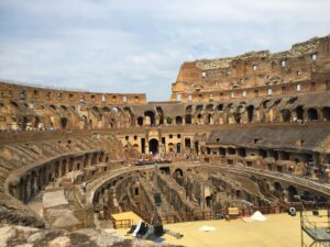 The exposed underground chambers and tiers inside Rome’s Colosseum.