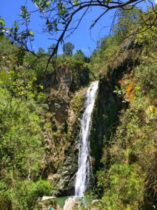 Aguas Blancas waterfall tumbles down a wooded rock face.
