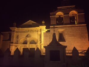 Santo Domingo’s cathedral illuminated after dark.