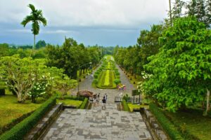 The formal gardens and tree-lined approach viewed from Borobudur.