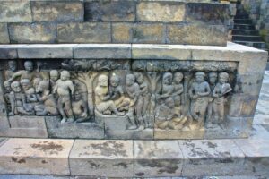 A long narrative relief carved into Borobudur’s stone wall.