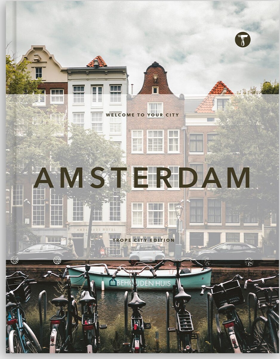 The Trope Amsterdam cover, with gabled canal houses and parked bicycles behind a pale band carrying the city’s name.