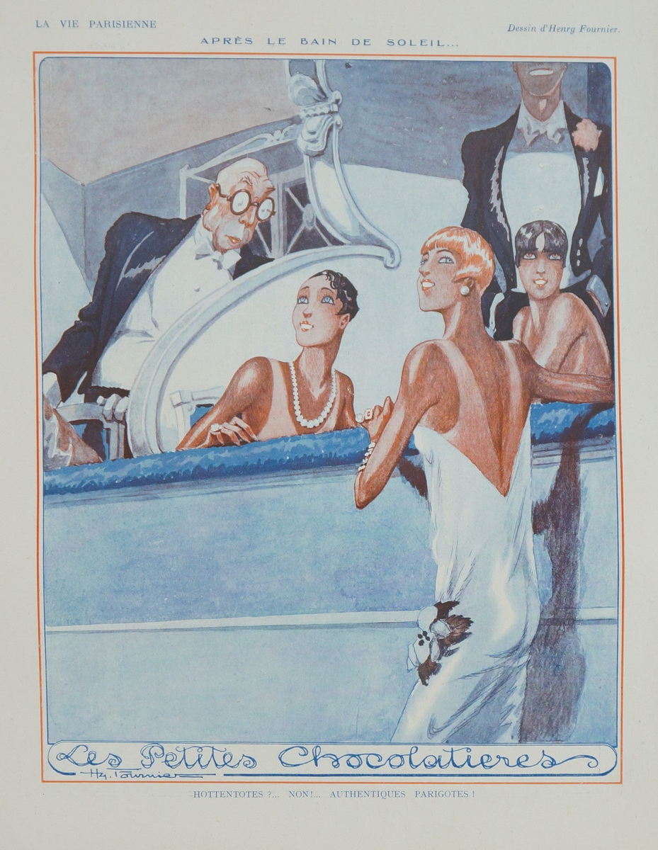 A colour magazine drawing shows three sun-browned women in evening dress and pearls beside an astonished older man in formal clothes.
