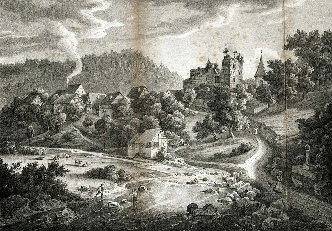 Historical drawing of winding roads and a river below the hillside houses and castle ruins of Weißenstein.