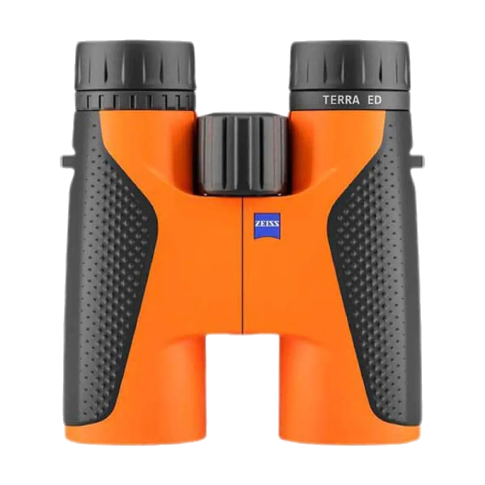 Orange and black ZEISS Terra ED binoculars viewed from above.