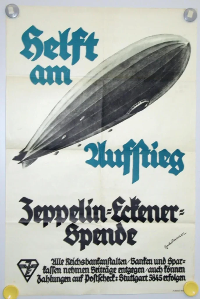 1925 Zeppelin–Eckener donation poster showing a rising rigid airship above a German appeal to help the ascent.