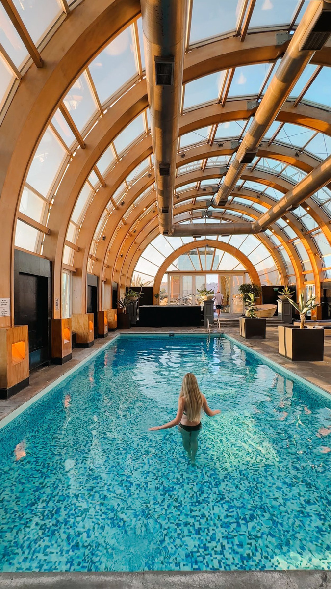 Olga in The Ritz-Carlton Santiago’s rooftop pool beneath its vaulted glass roof.