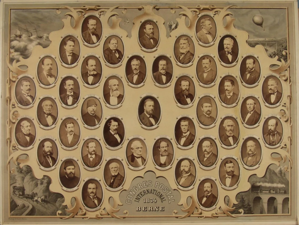 Portraits of the Bern postal congress participants arranged around an 1874 inscription, with ships, a balloon, a mail coach and a train in the corners.