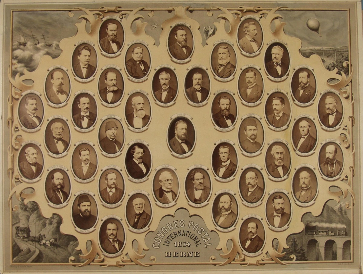 Portraits of the Bern postal congress participants arranged around an 1874 inscription, with ships, a balloon, a mail coach and a train in the corners.