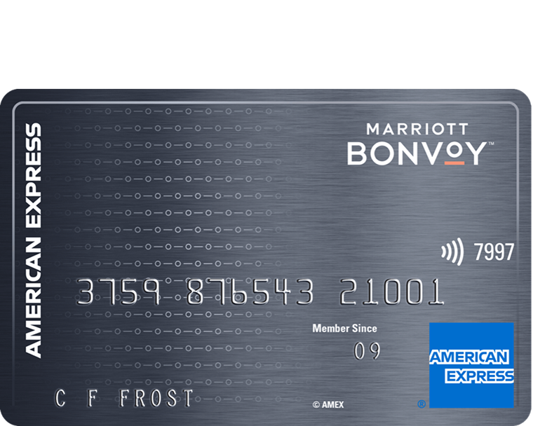 The grey Marriott Bonvoy American Express card, with the Bonvoy wordmark and blue American Express emblem.