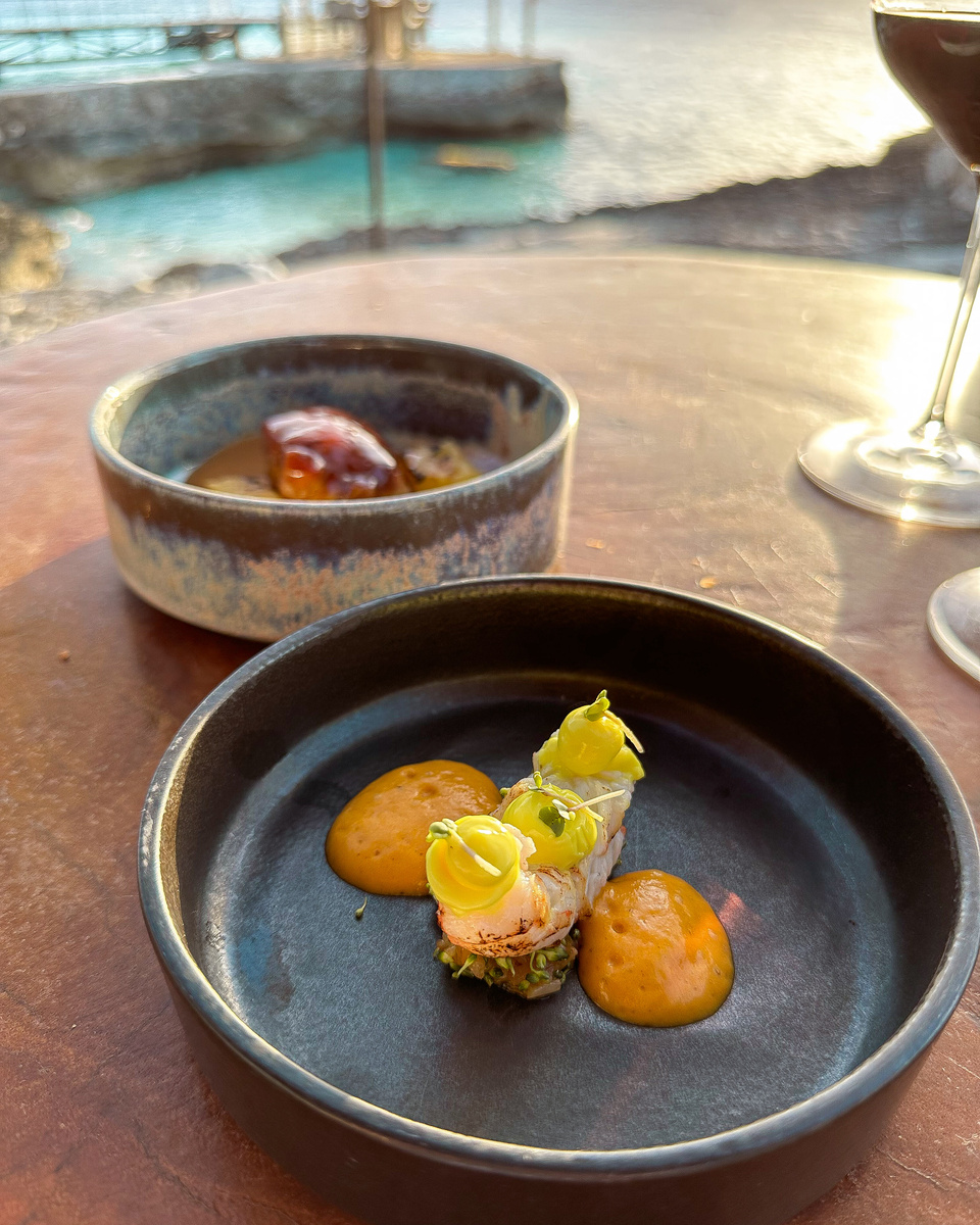 A small plated course with orange sauce on a dark dish at Brass Boer.