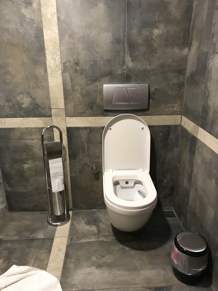 The toilet and grey tiled walls in the bathroom of our Char Me Deluxe Room.