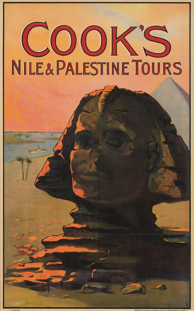 Colour lithograph advertising Cook’s Nile and Palestine tours, with the Sphinx, pyramids and a steamer on the river.
