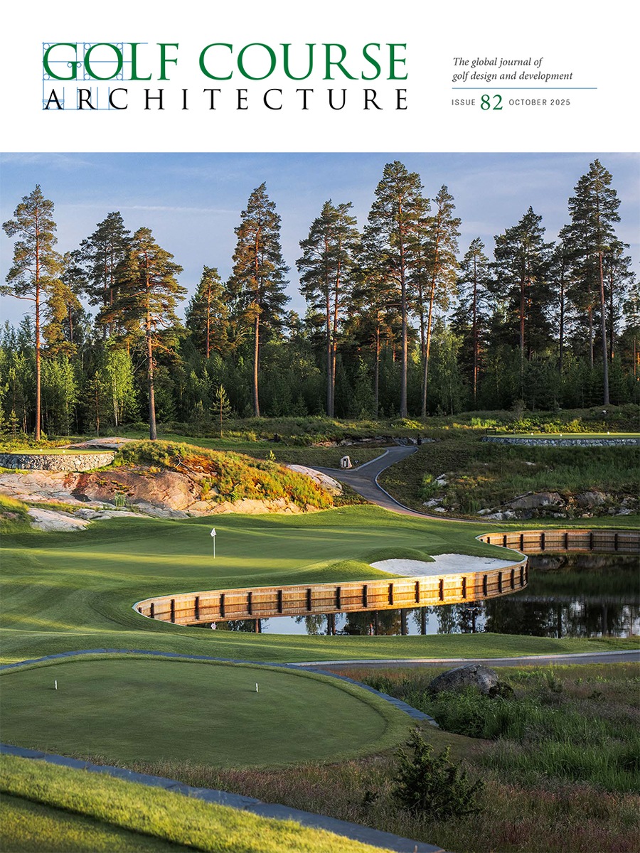 Golf Course Architecture, October 2025 cover, showing a green beside water and pines at Rock Golf in Finland.