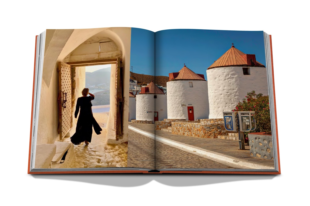 An open spread from Greek Islands: a woman in a long black dress stepping through a whitewashed doorway towards the sea, beside a row of white windmills with red roofs.