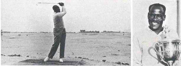 Hassan Hassanein playing on a sand course and smiling beside a trophy in two archive photographs.