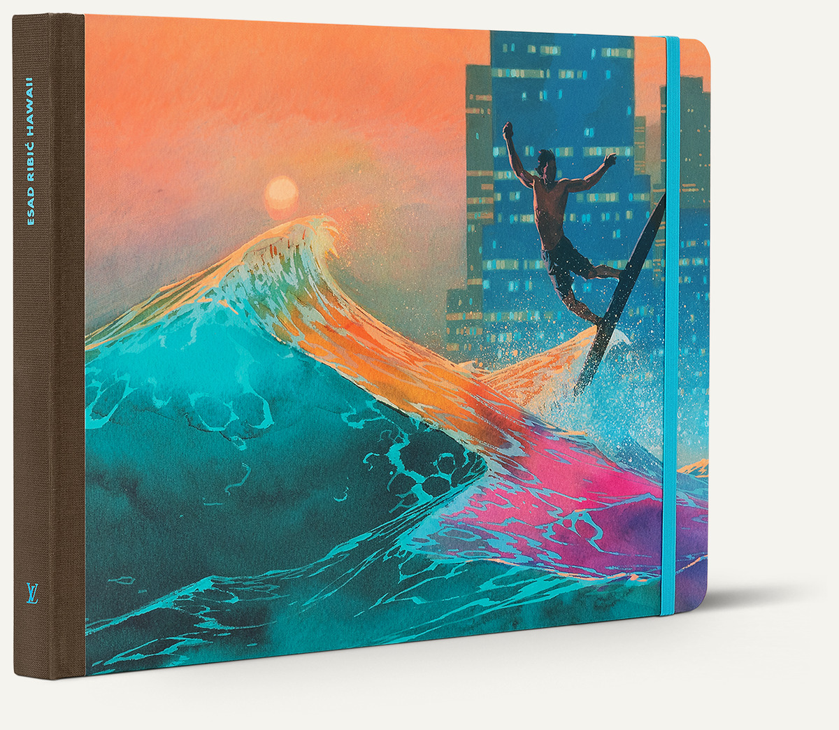 The Hawaii Travel Book by Esad Ribić, with a surfer leaping a turquoise wave beside city towers at sunset, a brown cloth spine and a teal elastic band.