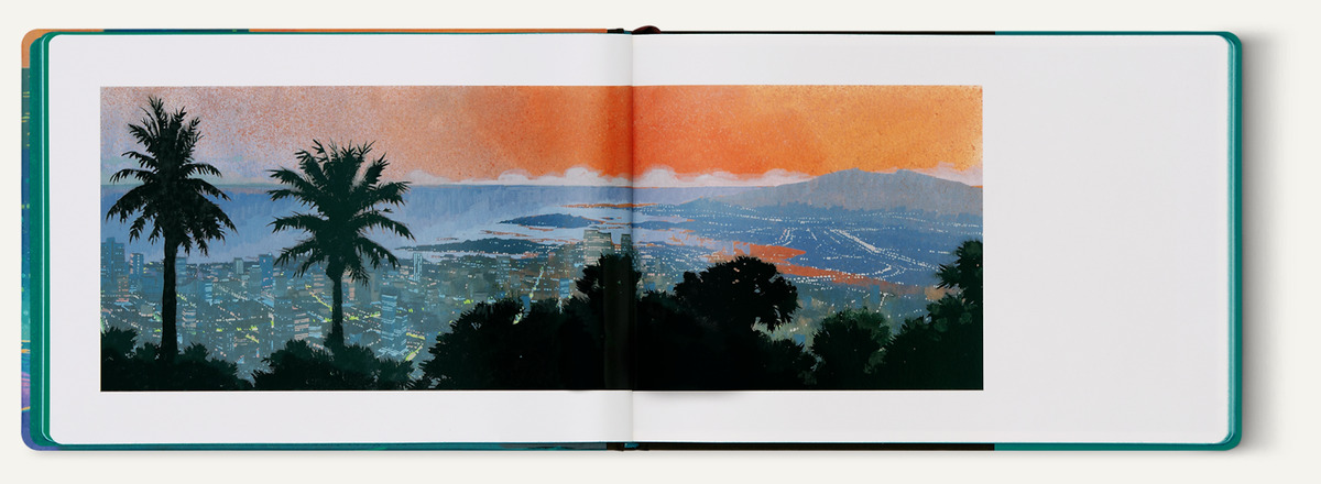 An open spread of Esad Ribić’s Hawaii: palm trees silhouetted above the lights of a city at dusk beneath an orange sky.