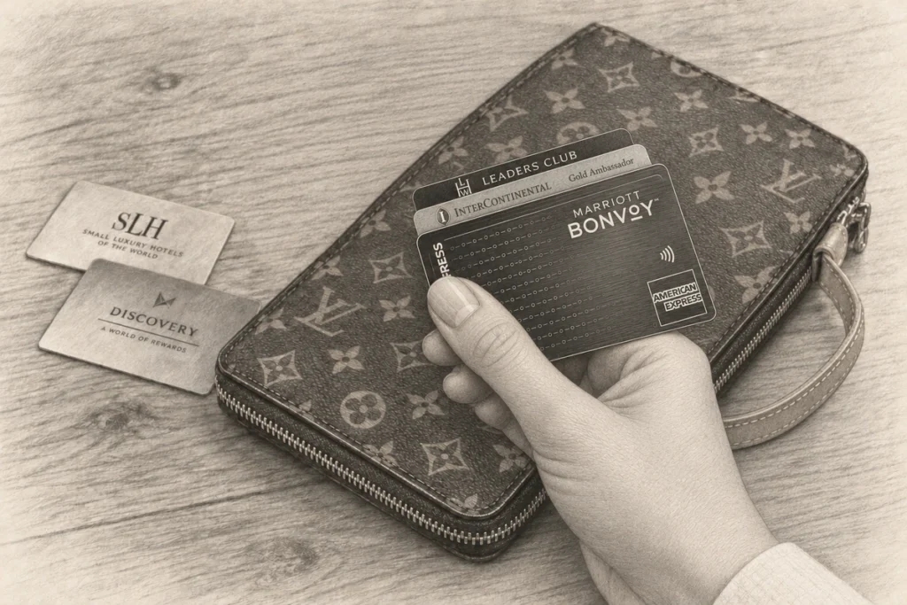 Pencil illustration of a hand holding overlapping Leaders Club, Gold Ambassador and Marriott Bonvoy American Express cards above a Louis Vuitton organiser, with two other membership cards on the desk.