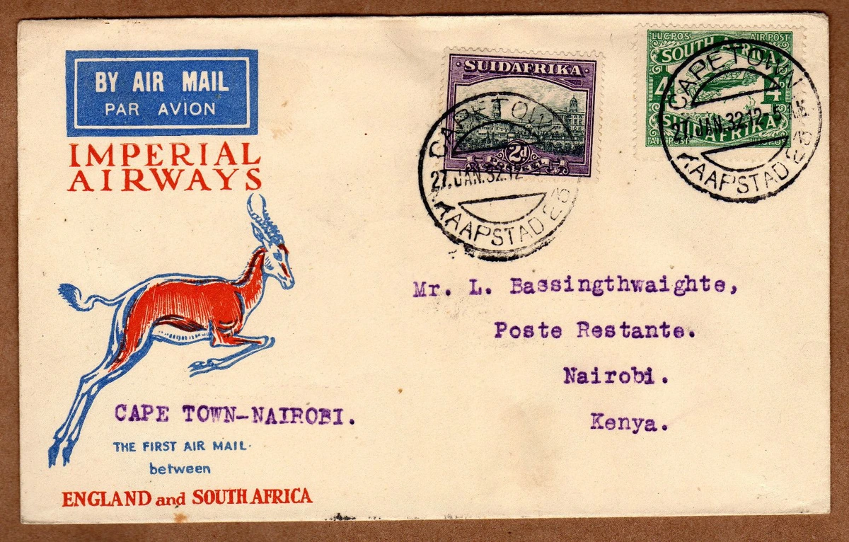 Imperial Airways airmail envelope with a springbok illustration, South African stamps and a typewritten poste restante address in Nairobi, Kenya.