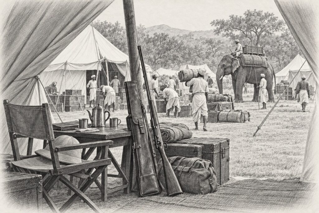 Pencil illustration of a hunting camp seen from a tent, with a rifle, camp furniture and luggage in front, and workers, tents and an elephant beyond.