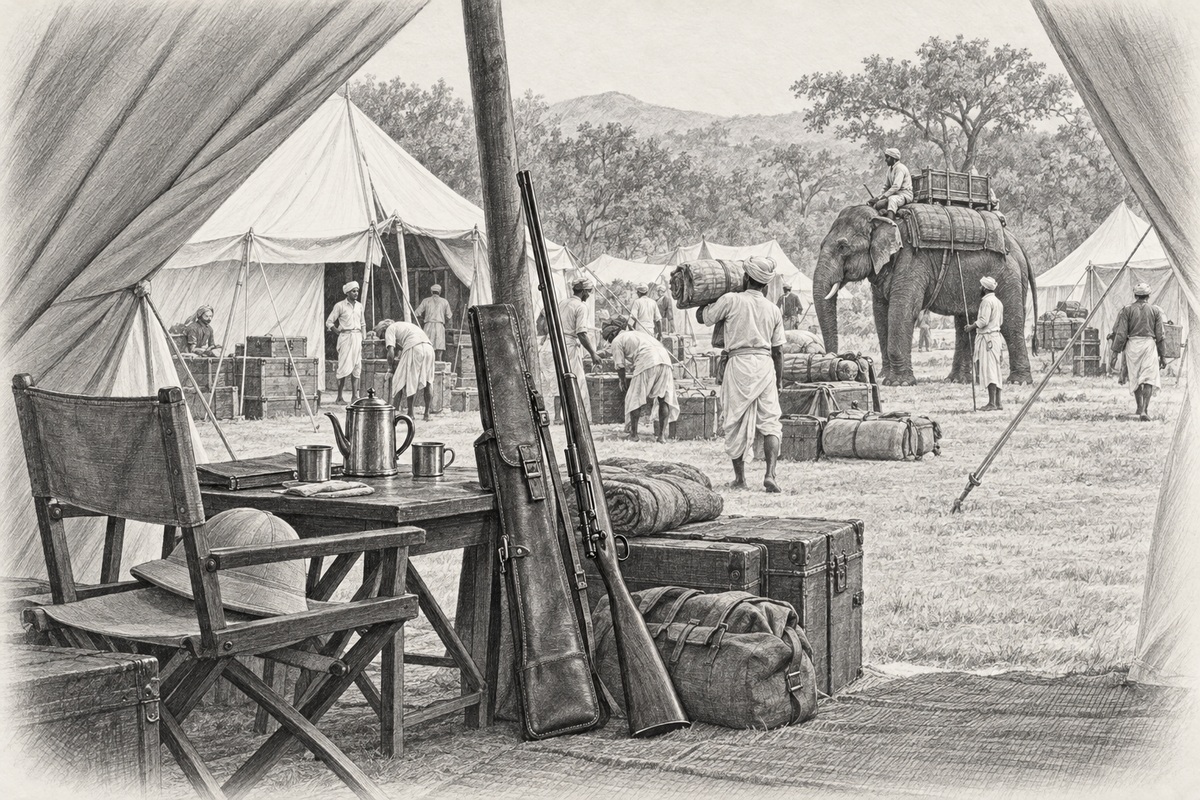 Pencil illustration of a hunting camp seen from a tent, with a rifle, camp furniture and luggage in front, and workers, tents and an elephant beyond.