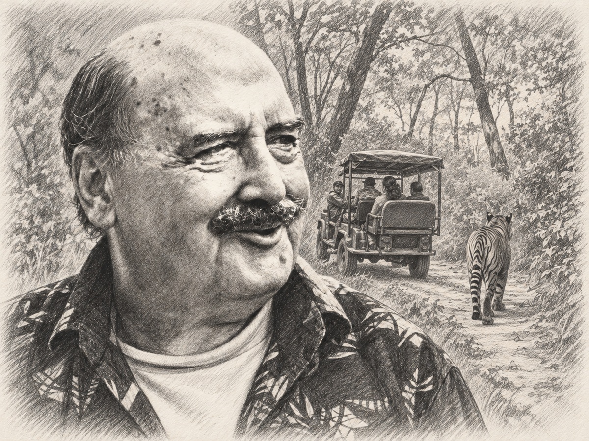 Graphite portrait of John Wakefield with a tiger walking beside an open safari vehicle on a forest track behind his shoulder.